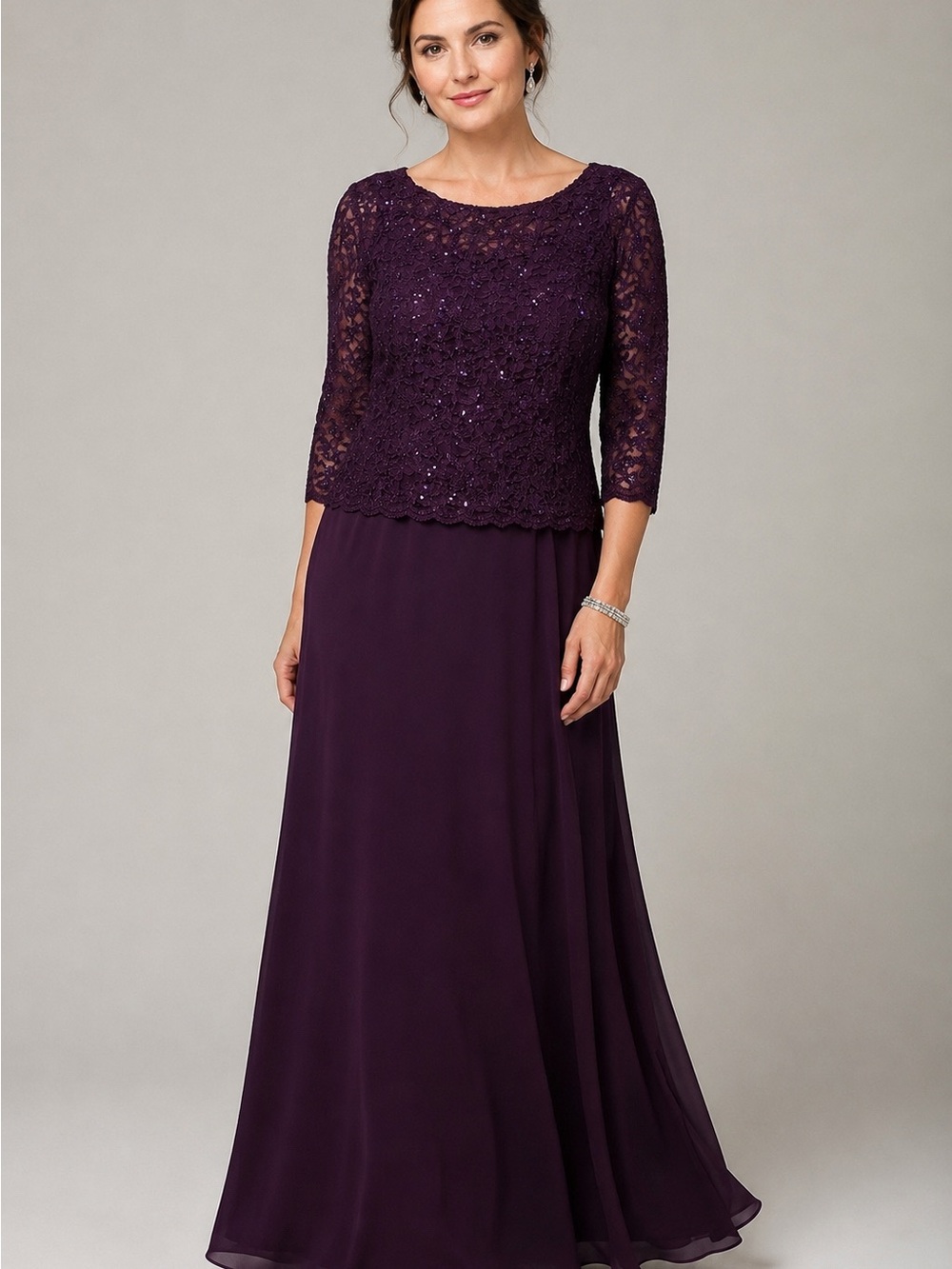 Alex Evenings Plum Sequin Lace Chiffon Formal Gown Dress Size 12